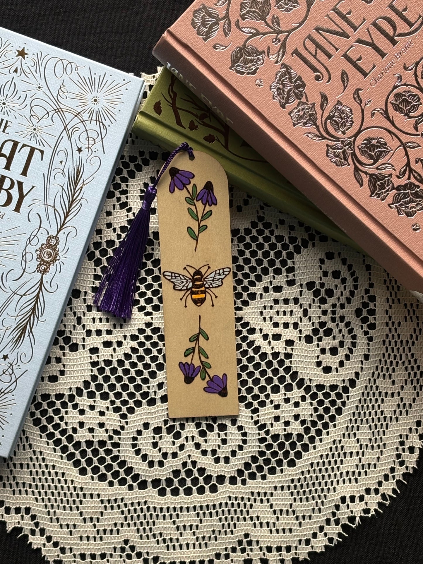 Wood Burned Bookmark With Honeybee and Flowers