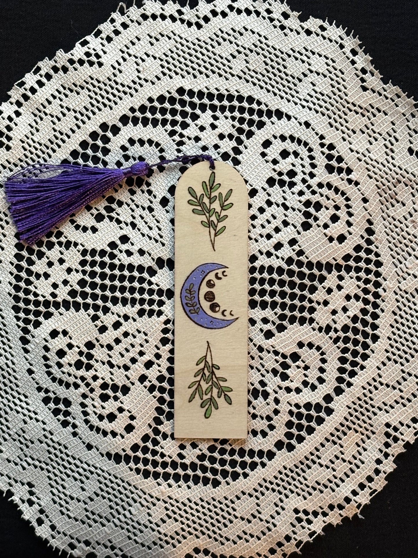 Wood Burned Bookmark With Moon and Greenery