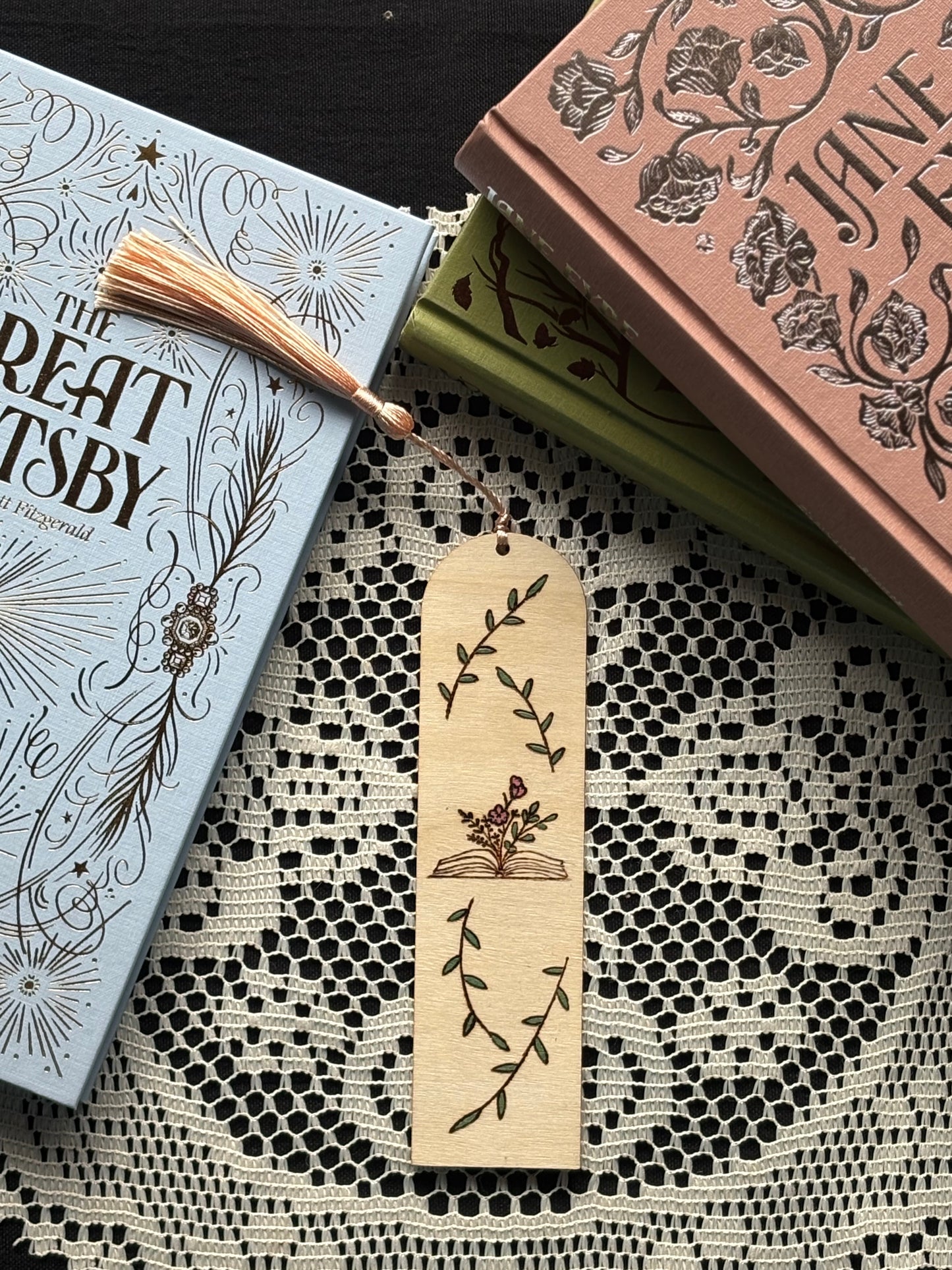 Wood Burned Bookmark With Book and Flowers