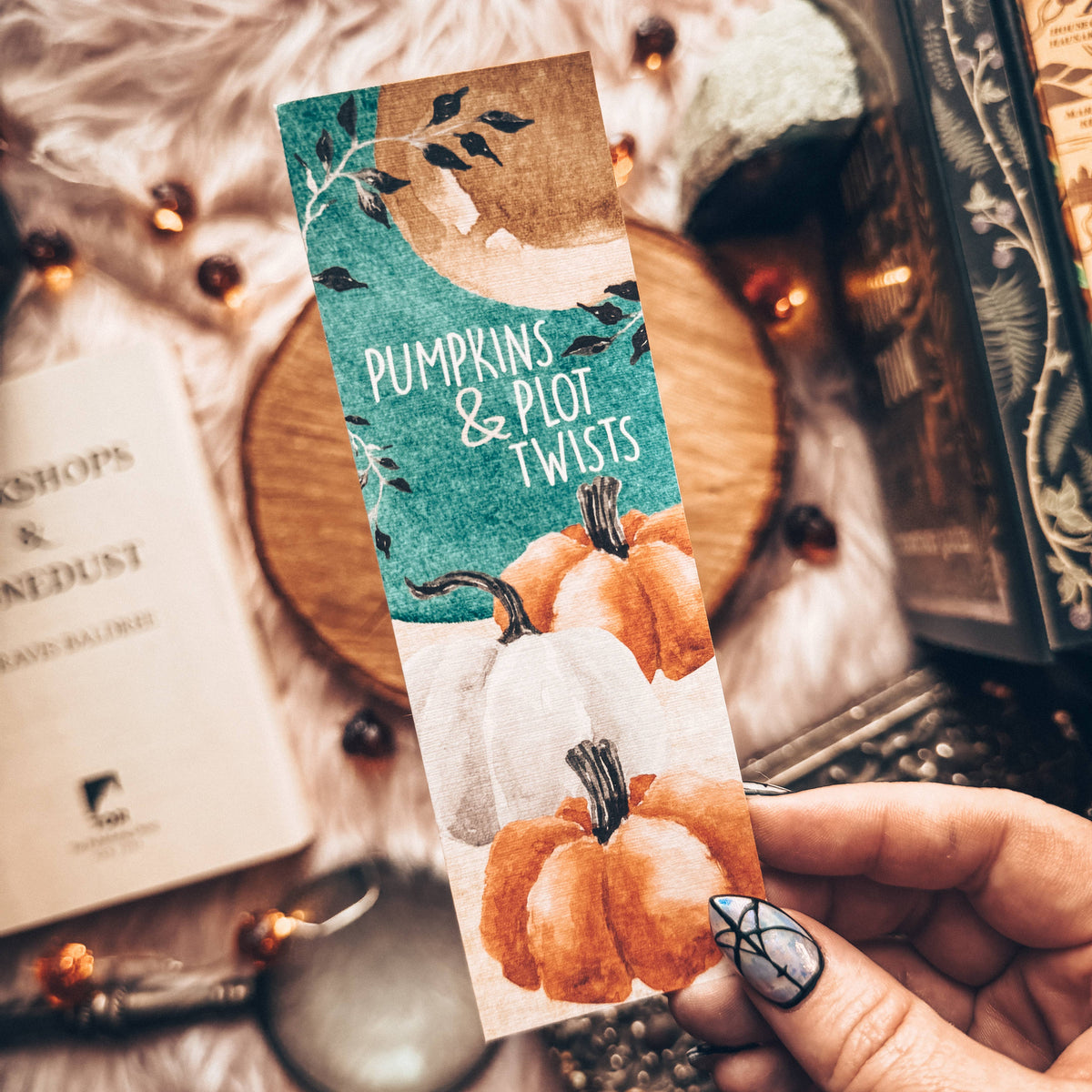 Pumpkins and Plot Twists Halloween Watercolor Bookmark