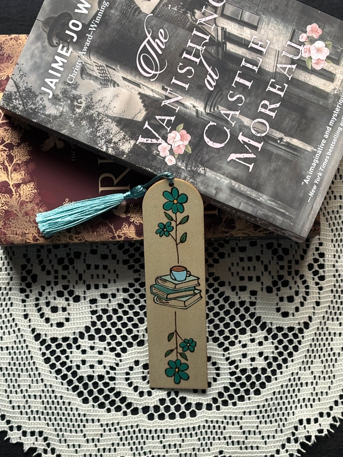 Wood Burned Bookmark With Books, Coffee, and Flowers