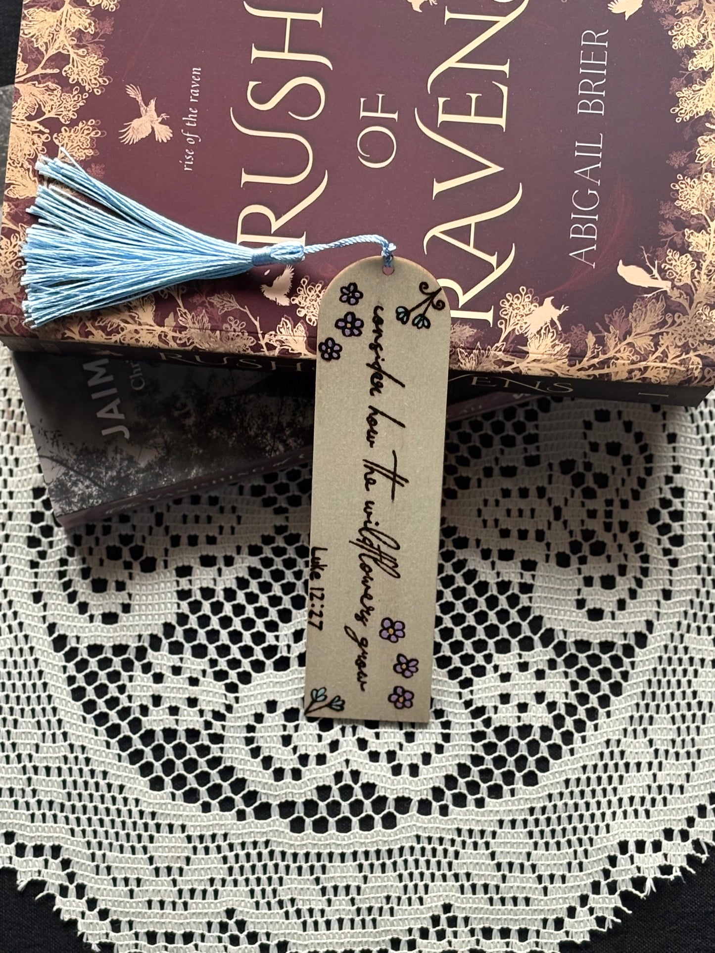 Wood Burned Bookmark With Luke 12:27 Bible Verse