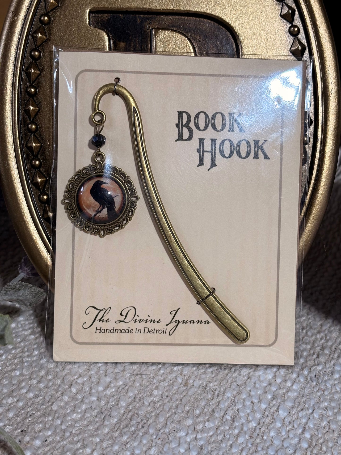 Orange Raven Bronze & Glass Cabochon Book Hook