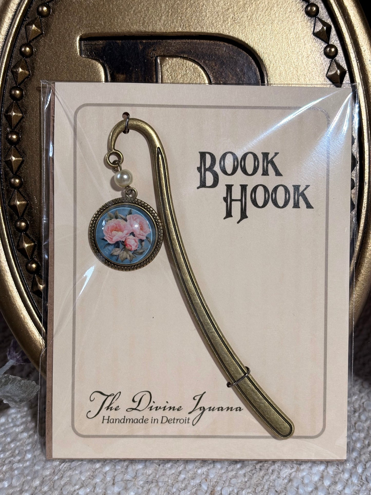 Pink Peony Bronze and Glass Book Hook