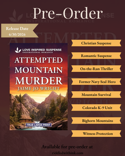 Promotional graphic for 'Attempted Mountain Murder' by Jaime Jo Wright with book cover and genre details.