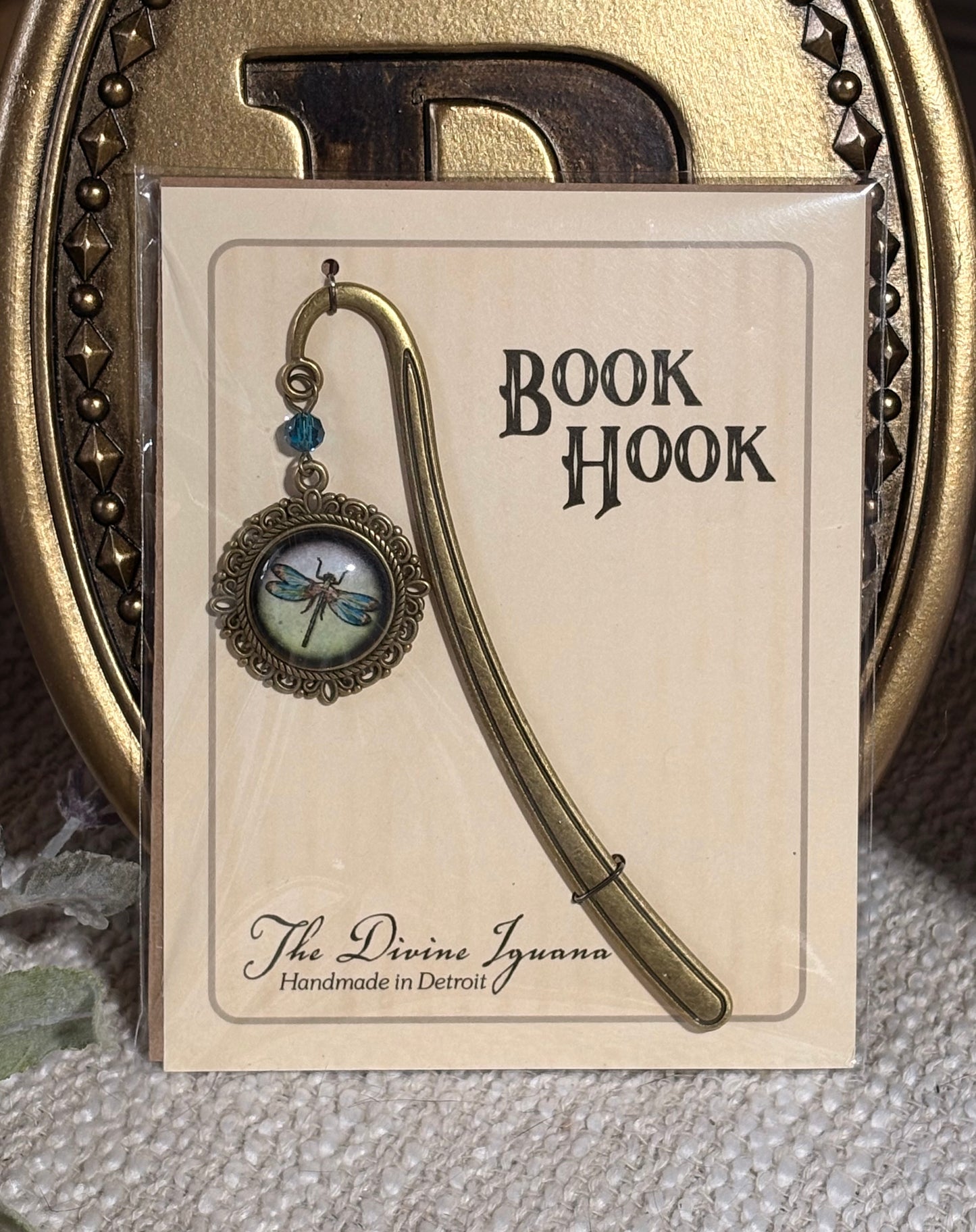 Dragonfly Bronze & Glass Cabochon Book Hook