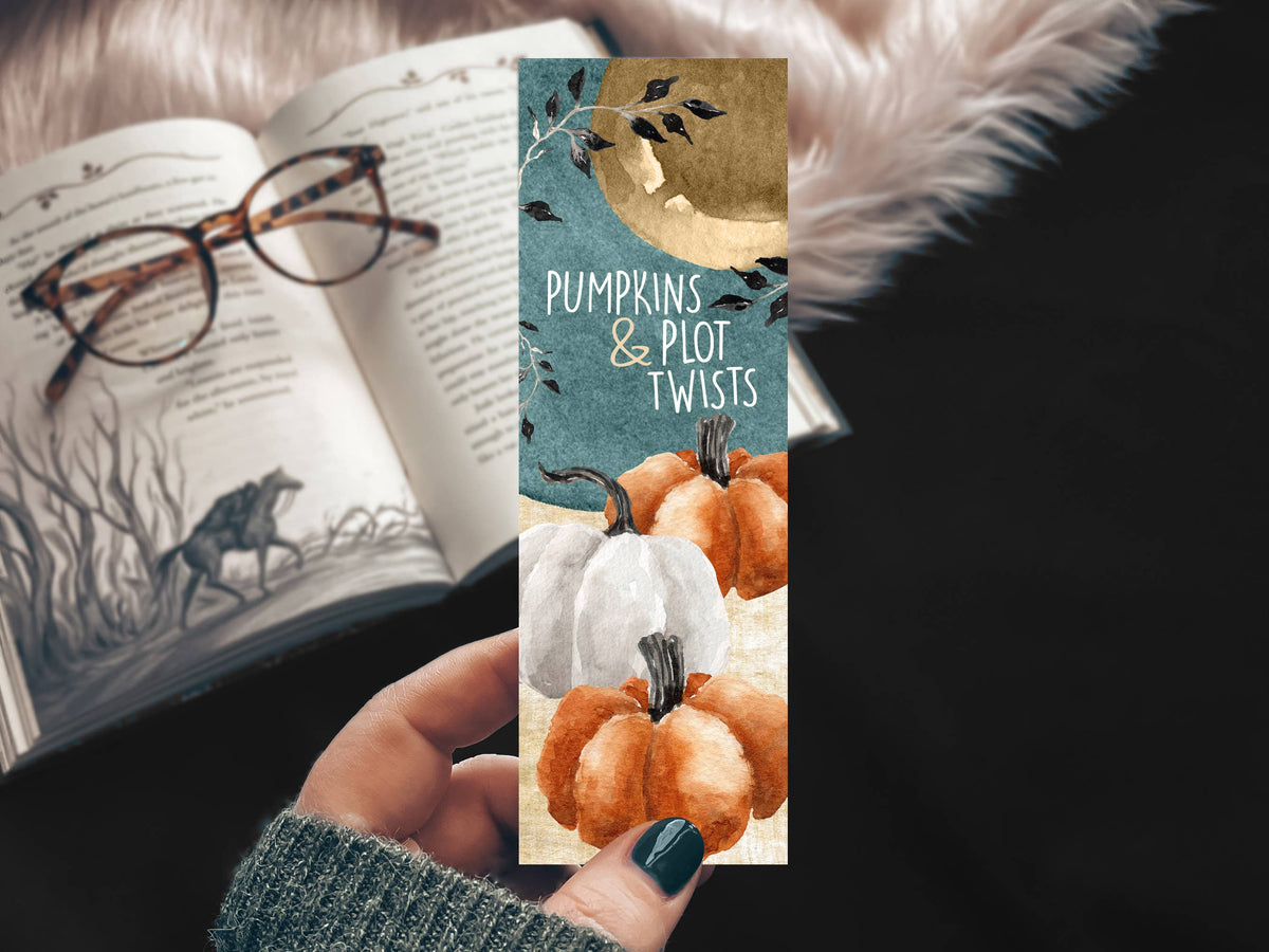 Pumpkins and Plot Twists Halloween Watercolor Bookmark
