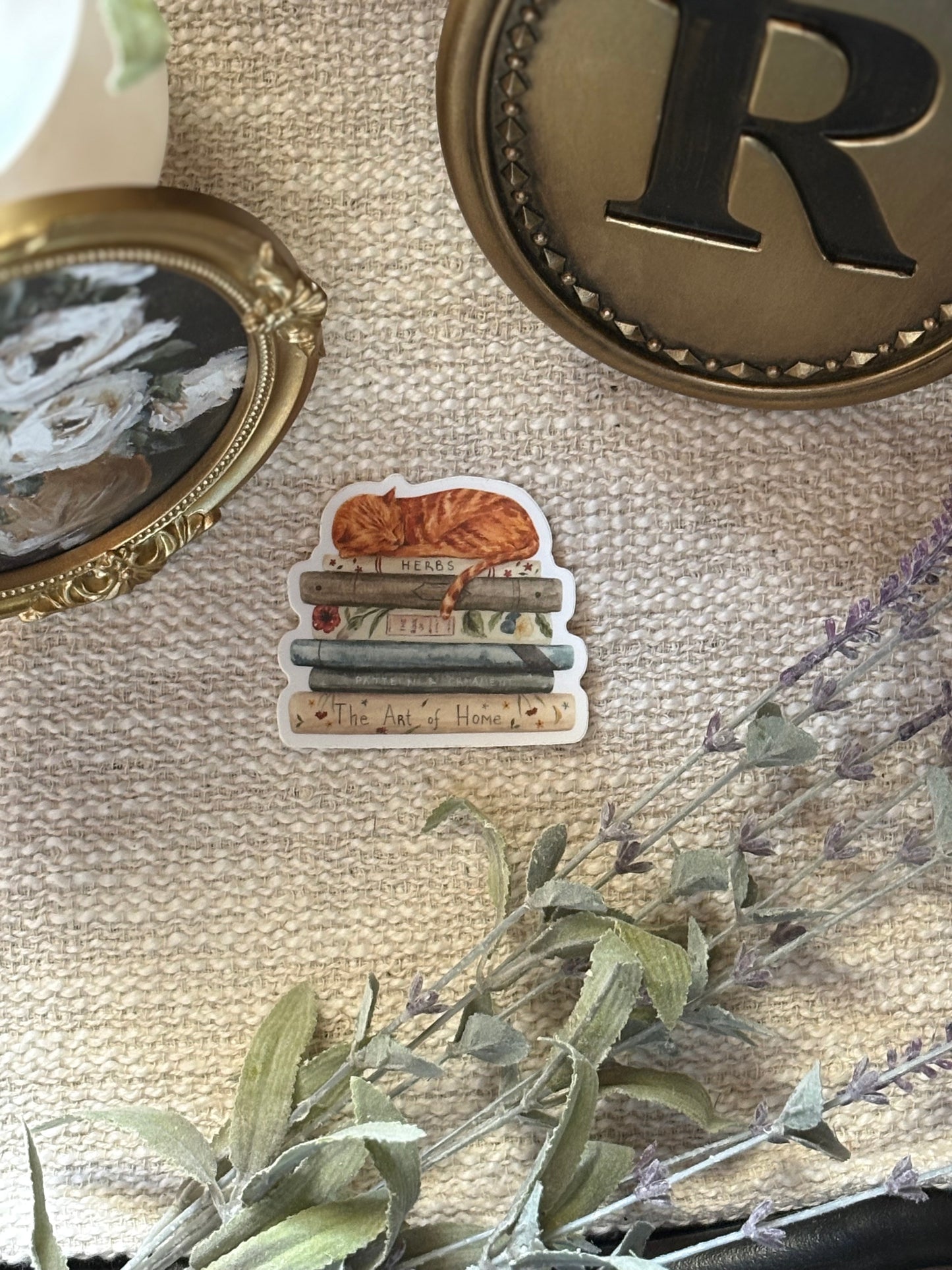 Cat and Books Watercolor Vinyl Sticker