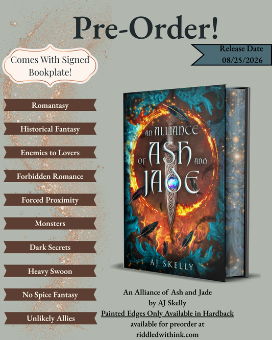 Promotional image for 'An Alliance of Ash and Jade' with book cover and pre-order information.